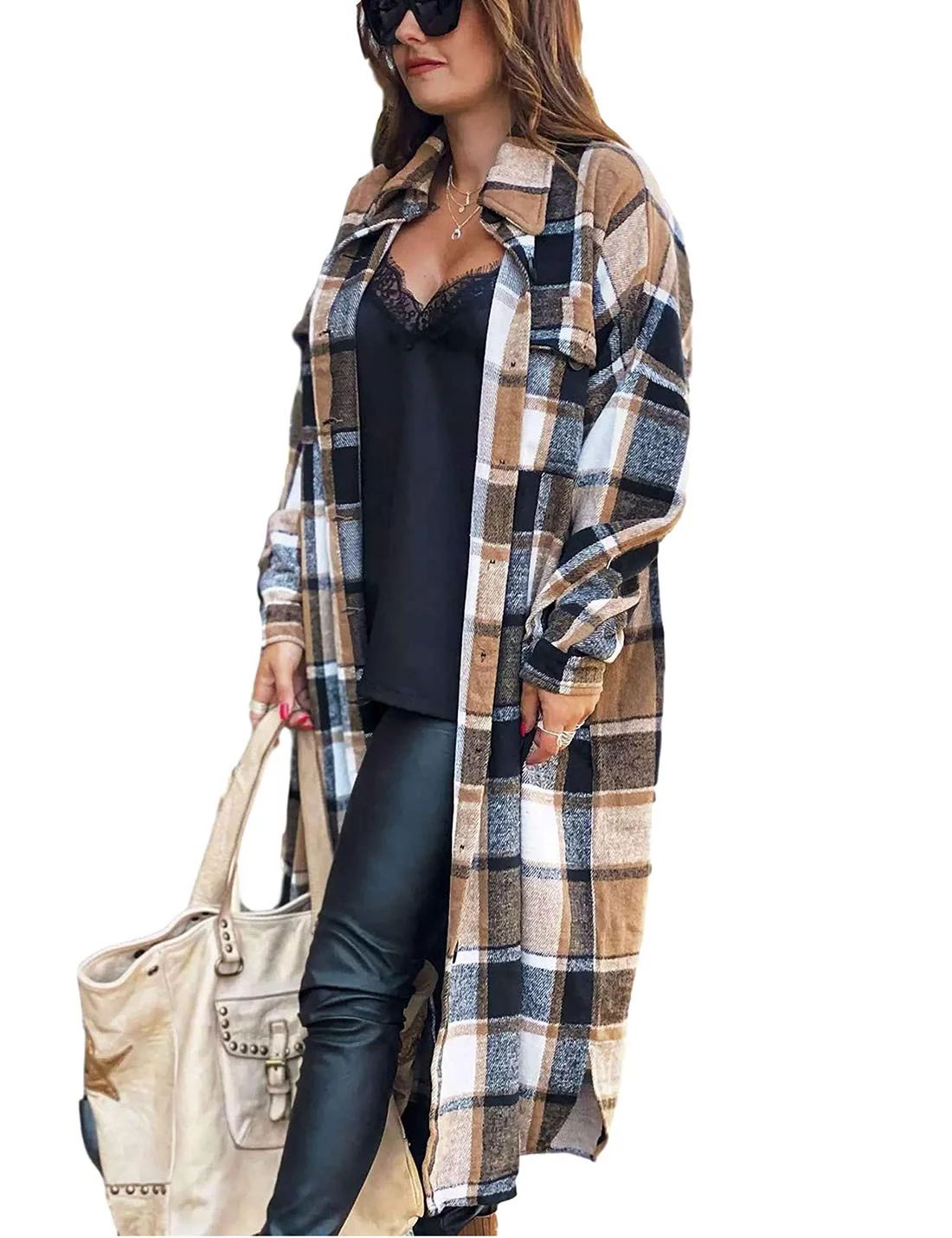 Fantaslook Flannel Shirts for Women Button Up Plaid Shirt Long Pocketed Shacket Jacket Coat | Walmart (US)