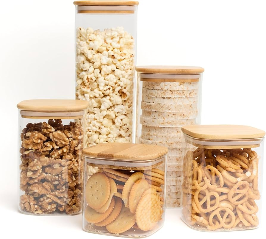 Glass Pantry Storage Containers with Lids- 165 Pantry Labels– Set of 5 various Sizes- Glass Can... | Amazon (US)