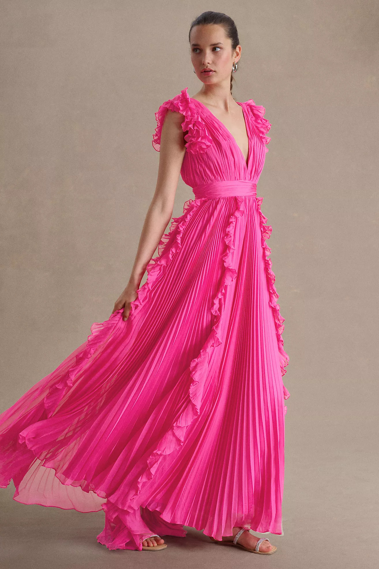 Mac Duggal Pleated Flutter-Sleeve Deep-V Empire-Waist Gown | Anthropologie (US)