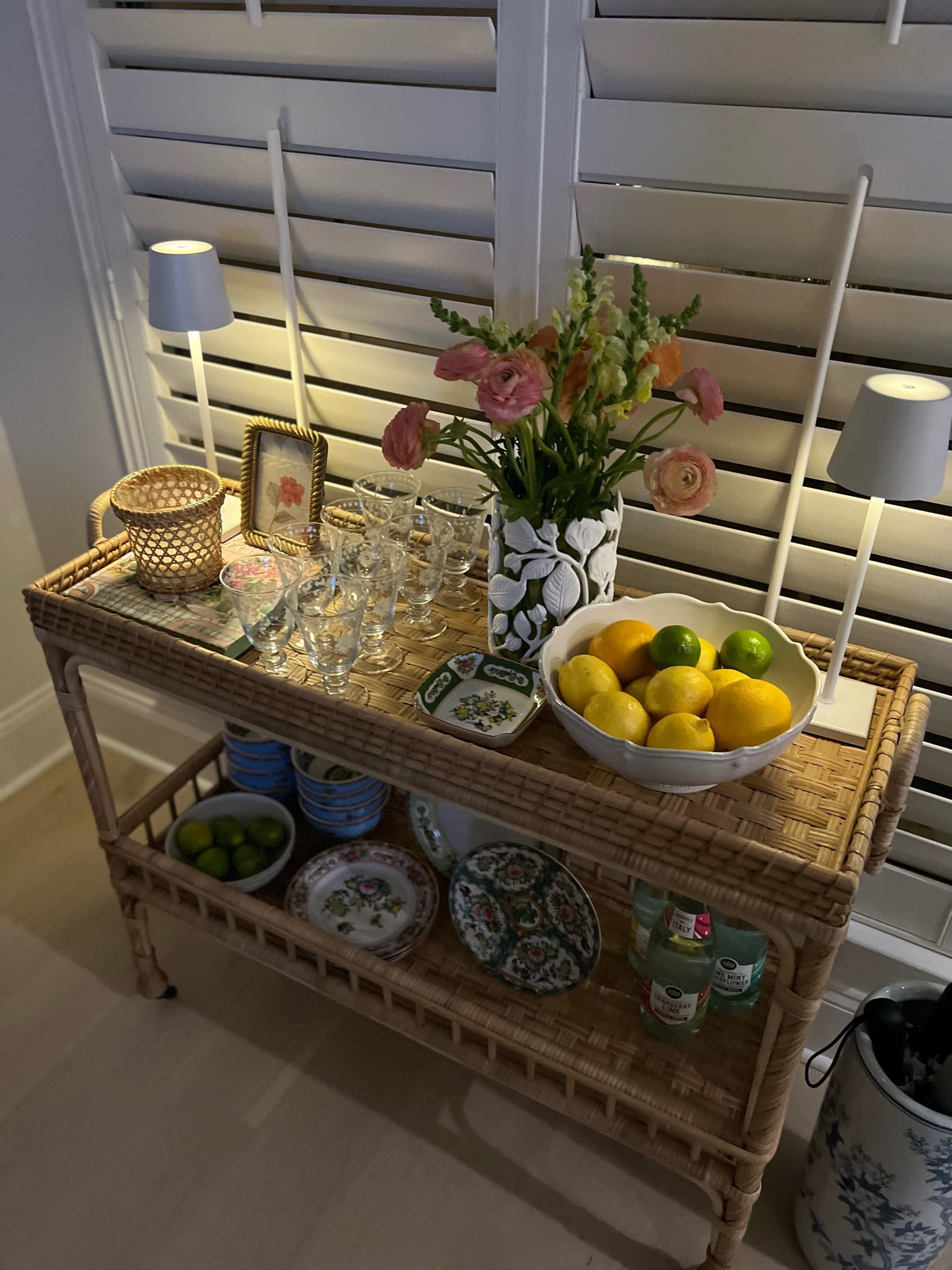 Serena and Lily bar cart, bar cart, Breakfast room, grand millennial, famille rose, chinoiserie, amazon home, rattan, woven bamboo cane, blue and white, umbrella holder

#LTKhome #LTKsalealert #LTKstyletip