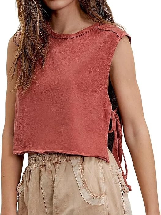 Amiblvowa Tie Front Tank Top Y2k Women Teen Girl Sleeveless Crop Vest Crew Neck Sexy Going Out Su... | Amazon (US)