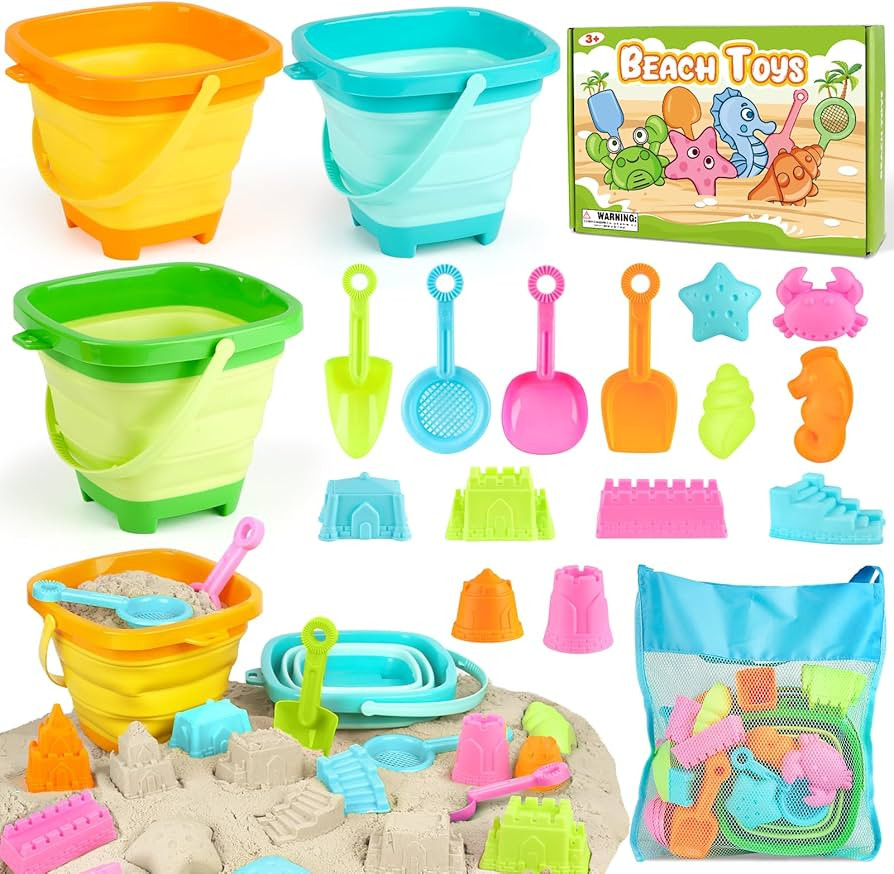 Dreamon Beach Toys for Kids 3-10, Collapsible Sand Toys Include 3 Pack Foldable Buckets, 24 PCS B... | Amazon (US)