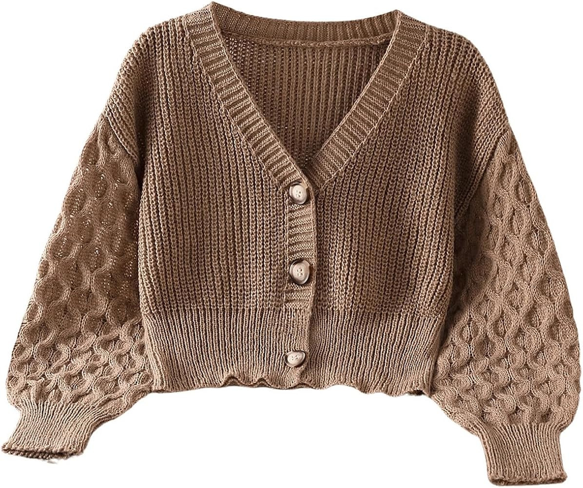 SHENHE Girl's Cardigan Button Down V Neck Knitted Long Sleeve Cropped Sweater Cardigan | Amazon (US)