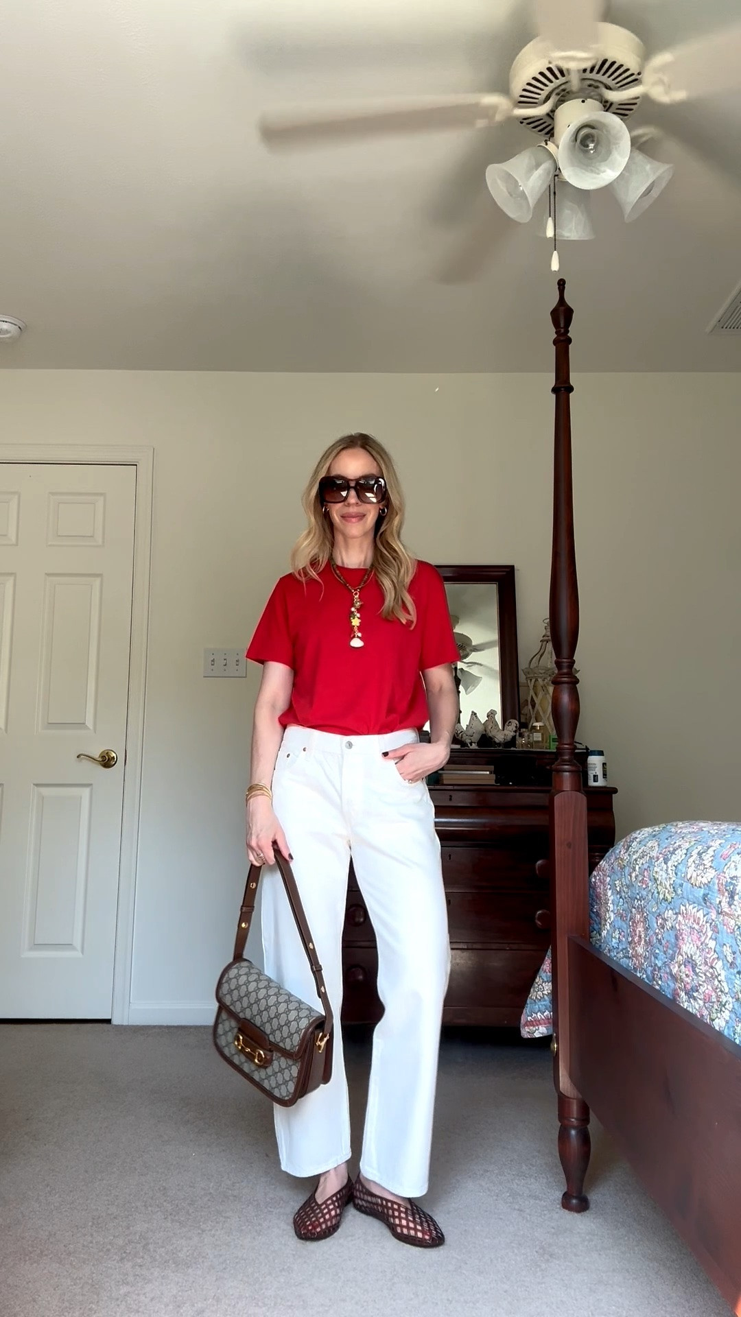 Casual summer outfit with red tee, @levi white baggy jeans, jelly shoes, shell necklace, Gucci bag

#LTKSeasonal #LTKOver40 #LTKgrwm