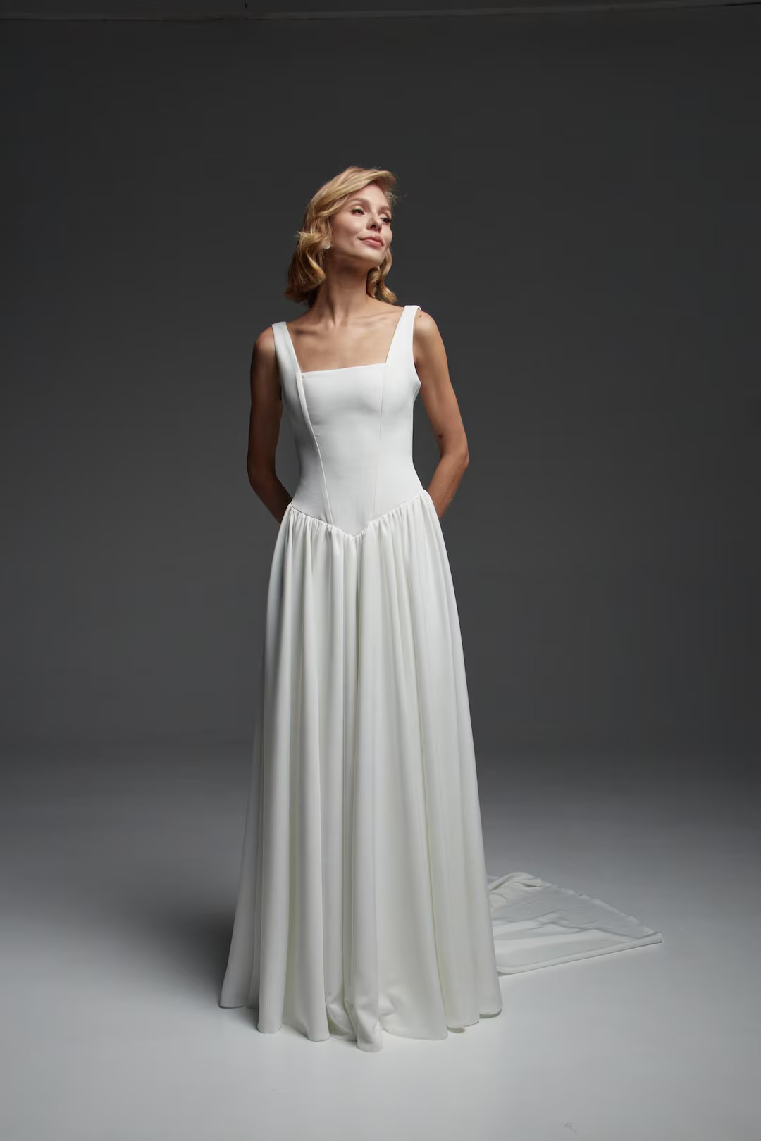 Modern Wedding Dress With Low Waist, Minimalist Crepe Wedding Dress A-line, Square Neck Wedding D... | Etsy (US)