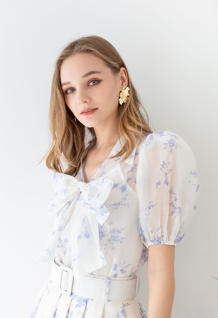 Sweet Bow Short-Sleeve Organza Top in Floral Print | Chicwish