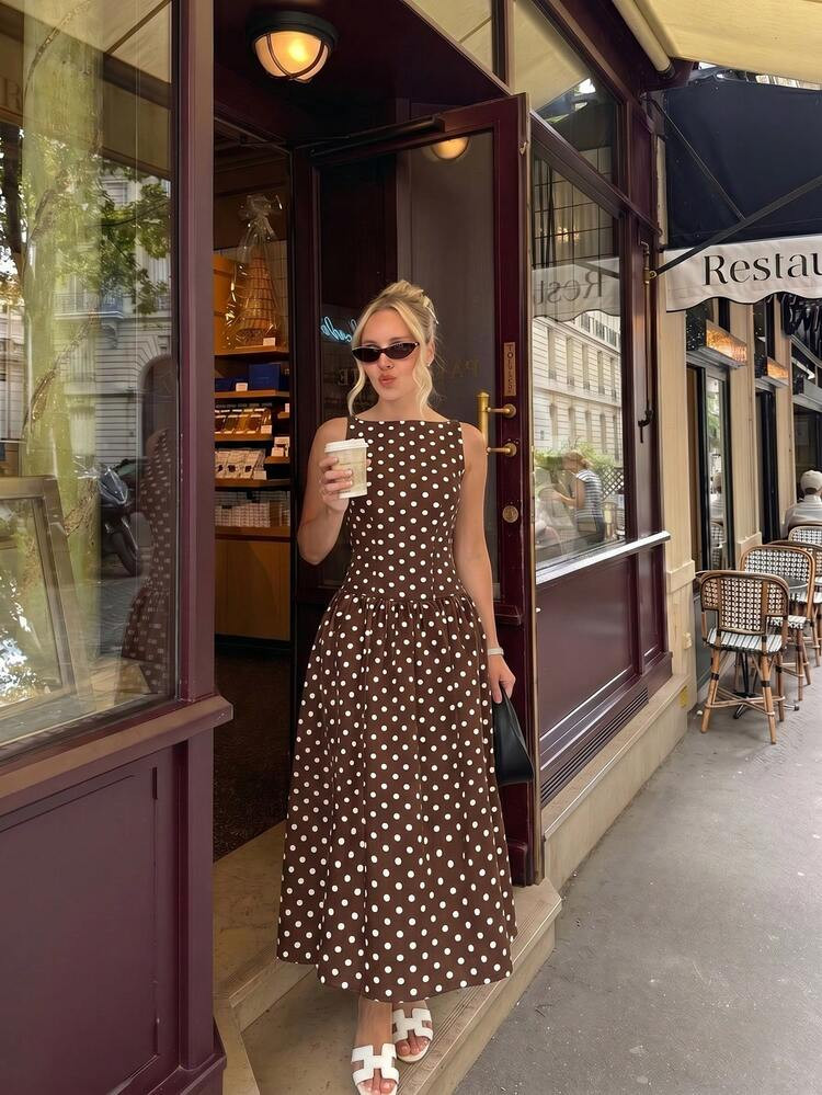 2026 Summer New Elegant Sexy Square Neck Sleeveless High Waist A-Line Fitted Brown Polka Dot Dress, Vacation Dress, Date Dress, Birthday Outfit, Summer Holiday Wear, Beach Resort, Street Fashion, Casual Dress | SHEIN