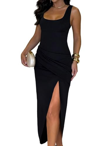 Ninimour Maxi Dresses for Women Summer Sleeveless Square Neck Thick Suspender Backless Front Slit Wedding Guest Dress-bk-XL Black | Amazon (US)