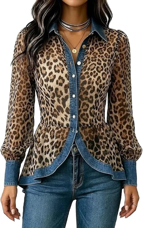 Mandonce Leopard Print Denim Trim Top for Women Long Sleeve Row Button Irregular Shirt Long Coat ... | Amazon (US)