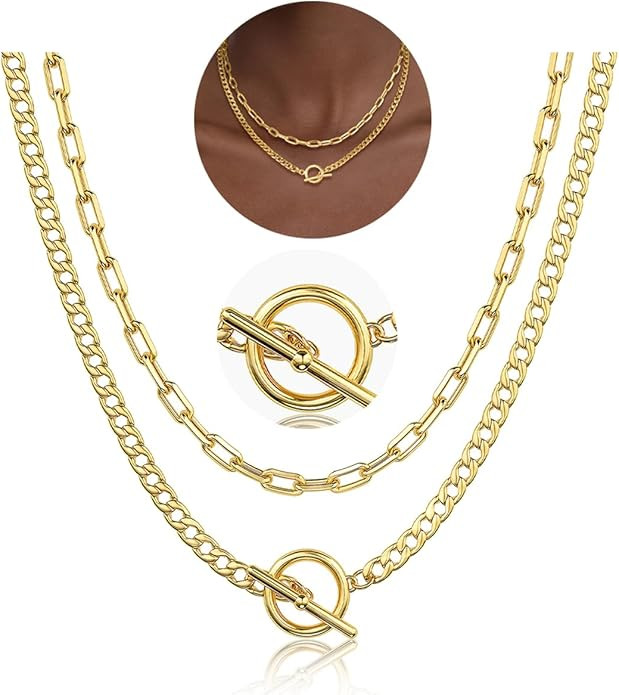 CHESKY Layered Necklaces for Women, 14K Gold Plated Chain Necklace Women Trendy Cuban Link Paperc... | Amazon (US)