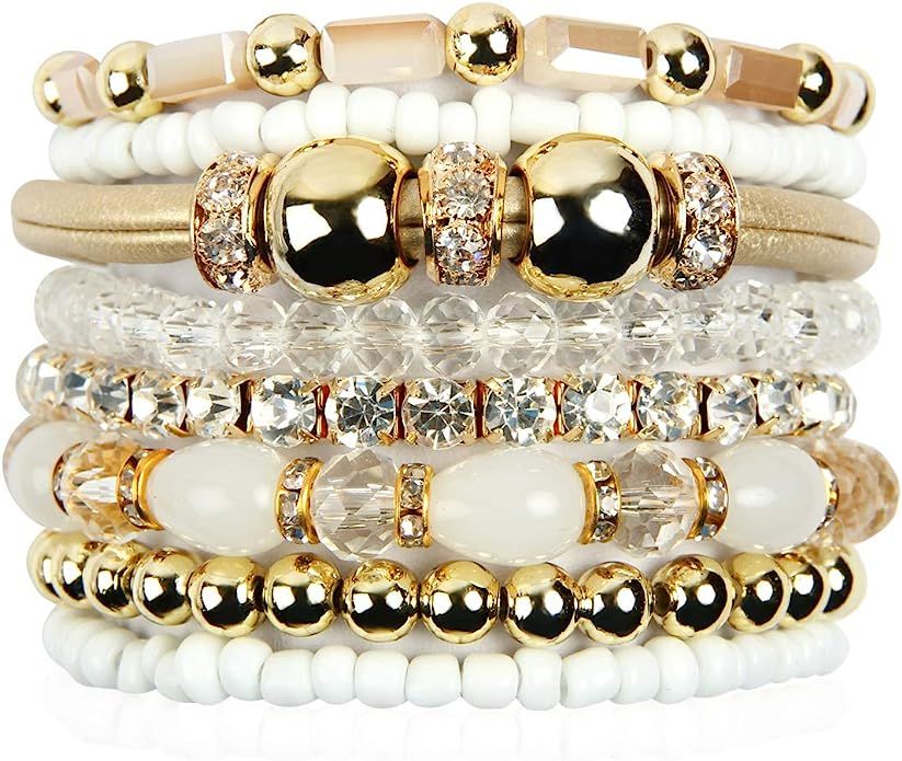 RIAH FASHION Bohemian Bead Multi Layer Versatile Statement Bracelets - Metallic Bar, Sparkly Crys... | Amazon (US)