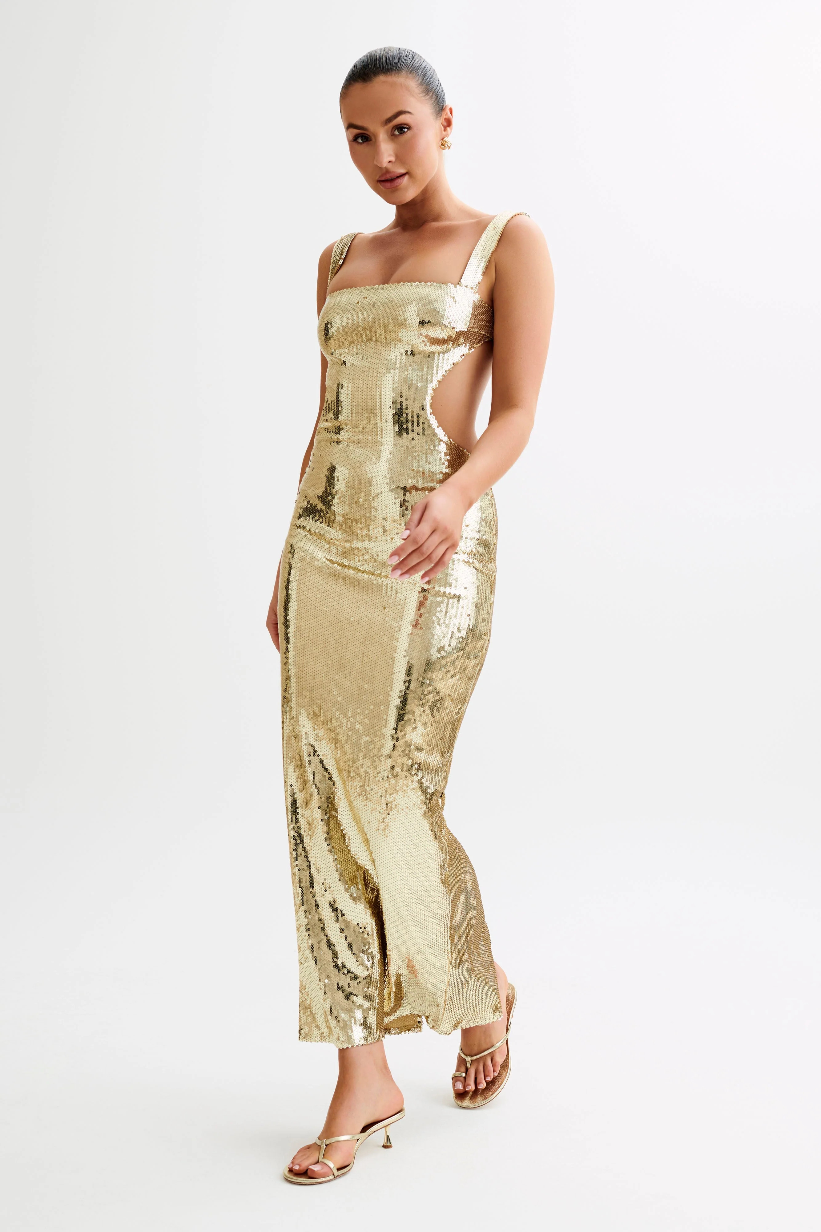 Adoria Sequin Cut Out Maxi Dress - Gold | MESHKI US