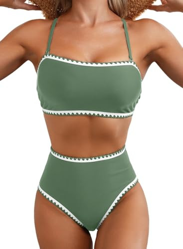 Herseas Women's 2 Pieces Bikini Color Block Whip Stitch Swimsuits 2025 Summer Off Shoulder High Waisted Bathing Suit Green Large | Amazon (US)