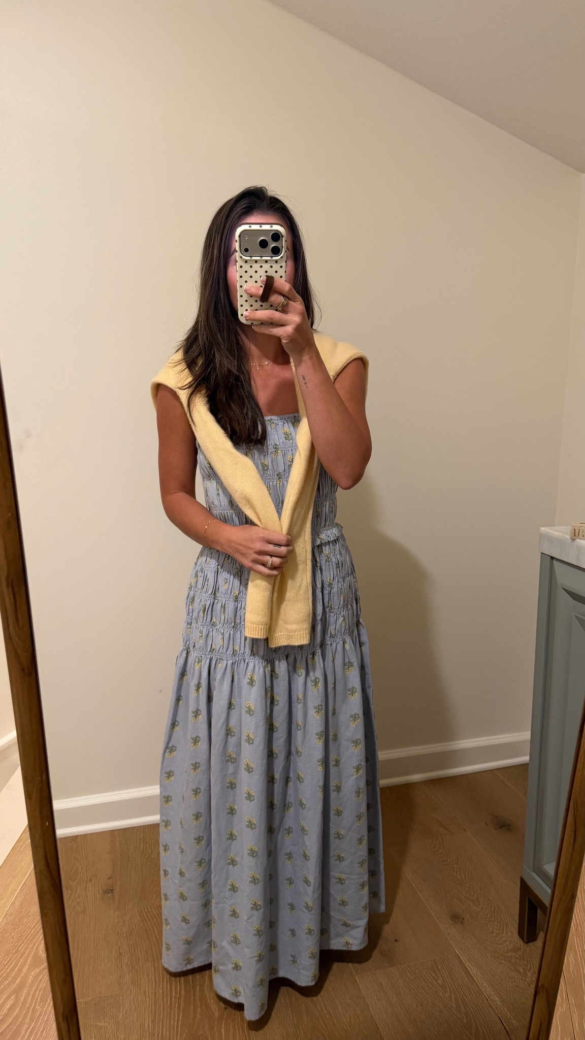 Target blue floral spring Easter dress. Yellow cashmere cardigan from Nordstrom 
