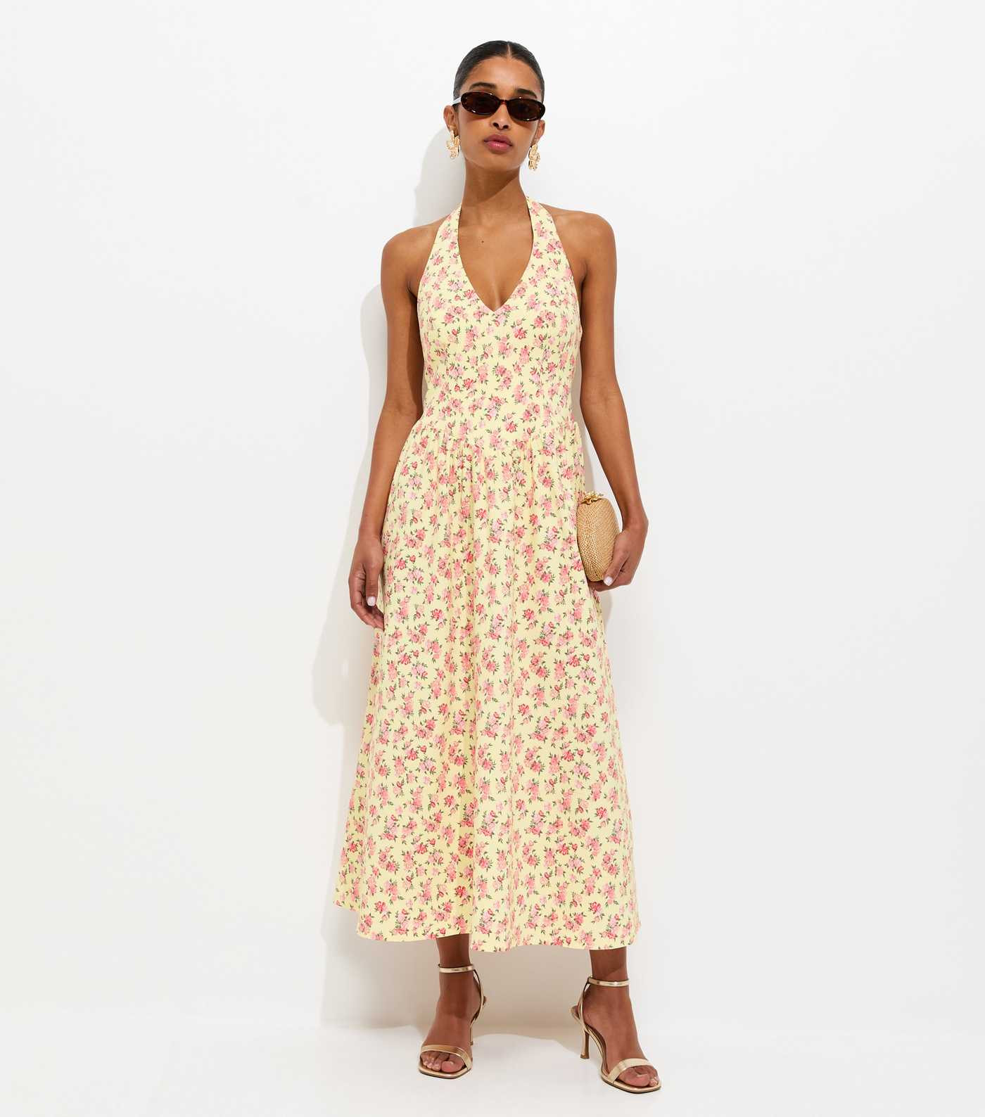 Yellow Floral Print Halter Neck Midi Dress | New Look | New Look (UK)
