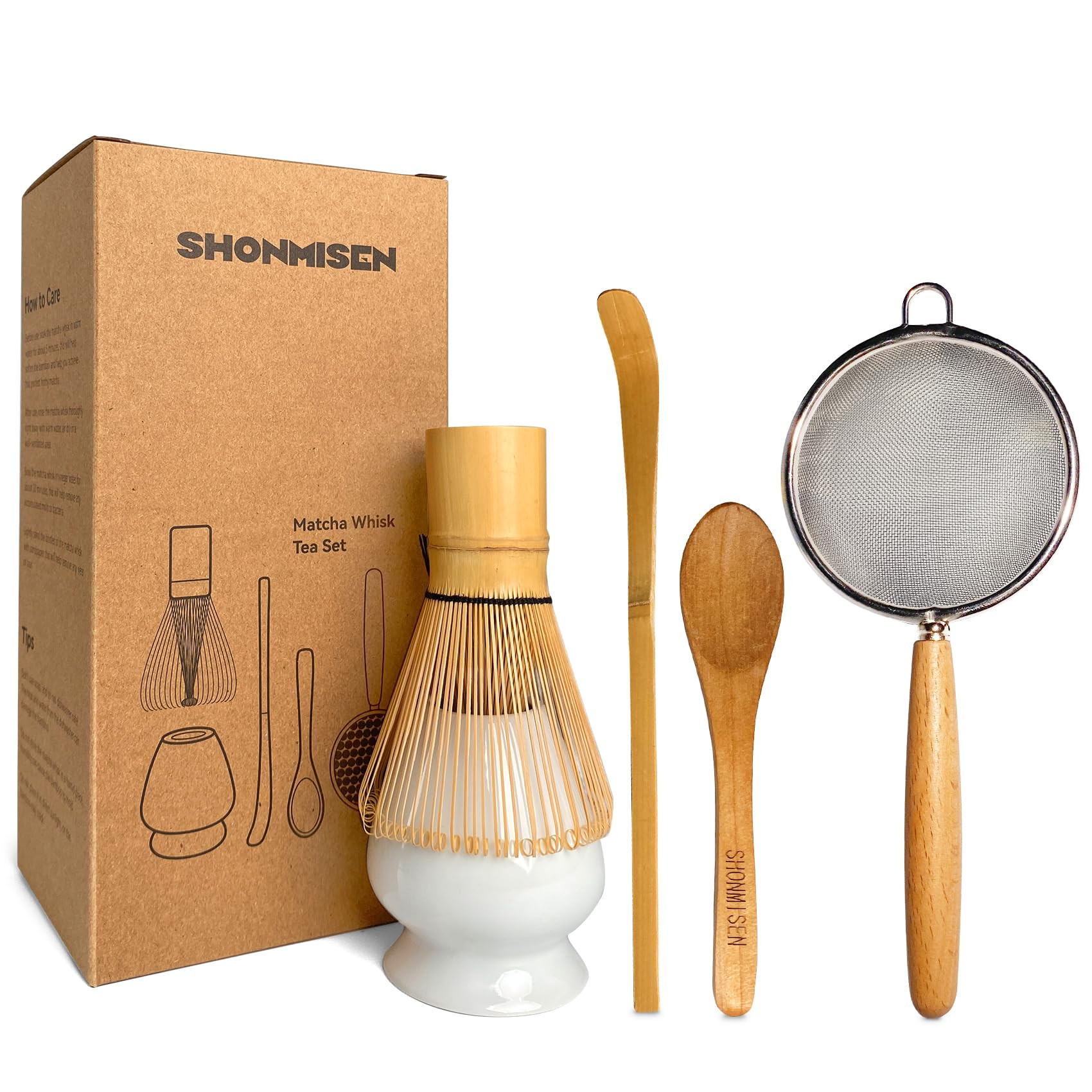 Bamboo Matcha Whisk Set -Matcha Whisk (Chasen),Whisk Holder(White),Sifter,Tea Scoop and Tea Spoon | Amazon (US)