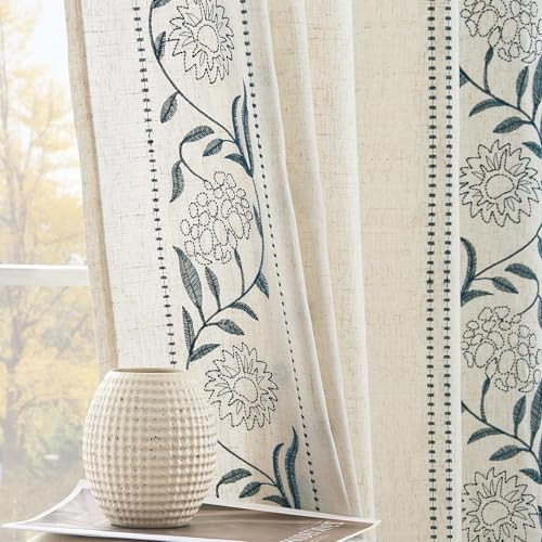 jinchan Winslow Linen Curtains for Bedroom 84 Inches Length Embroidered Bordered Floral Curtains for Living Room Farmhouse Decor Light Filtering Window Treatments Blue on Beige Drapes 2 Panels | Amazon (US)