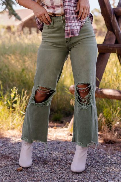 Tanna Olive Distressed Wide Leg Jeans | Shop Priceless