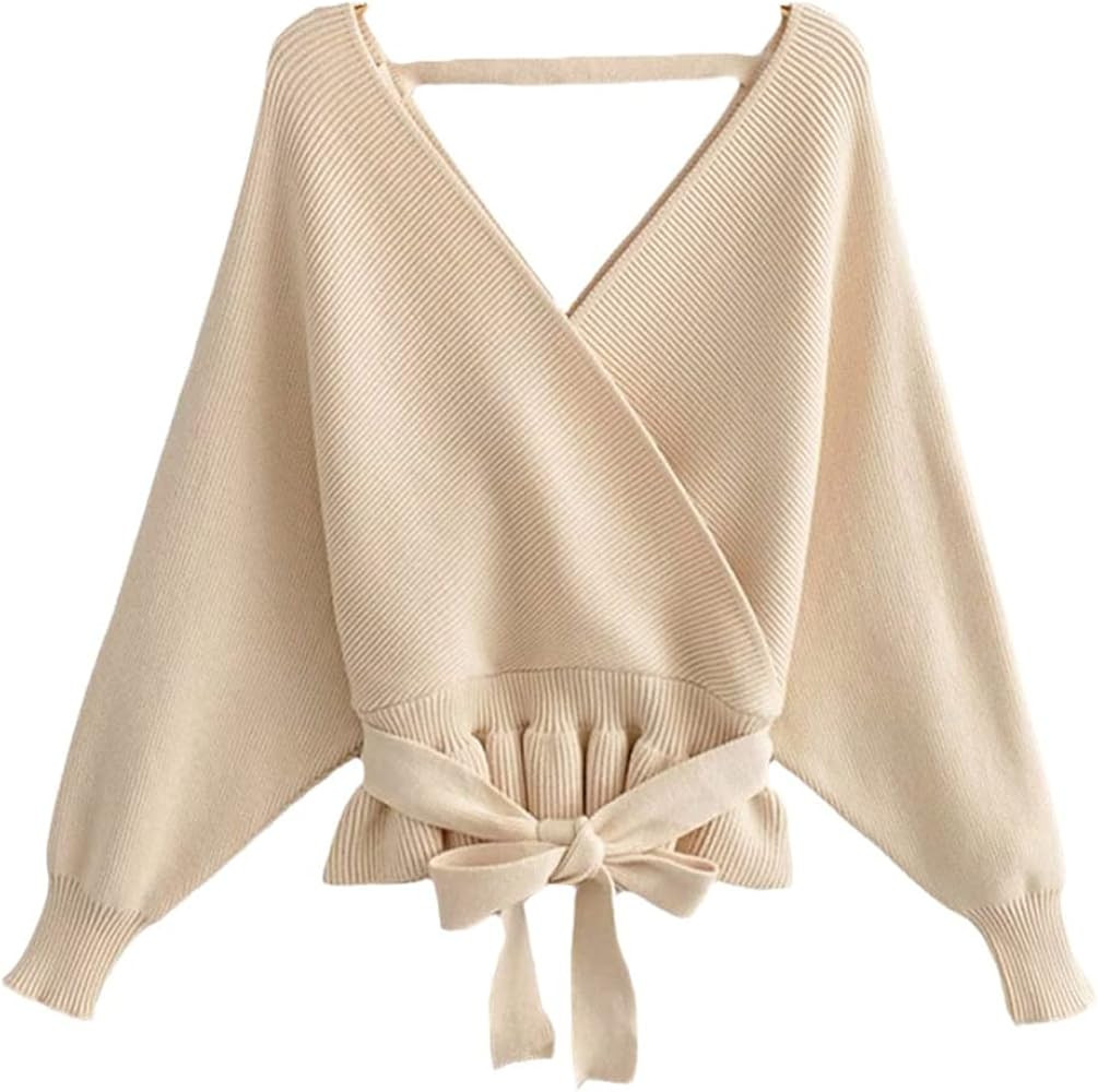 Women Casual V Neck Sashes Pullover Sweaters Autumn Ladies Knitted Tops Sweet Girls Knitwear | Amazon (US)