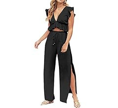 FANCYINN Womens 2 Pieces Outfits Deep V Neck Crop Top Side Slit Drawstring Wide Leg Pants Set Jum... | Amazon (US)