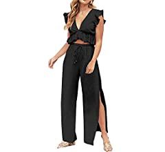 FANCYINN Womens 2 Pieces Outfits Deep V Neck Crop Top Side Slit Drawstring Wide Leg Pants Set Jum... | Amazon (US)