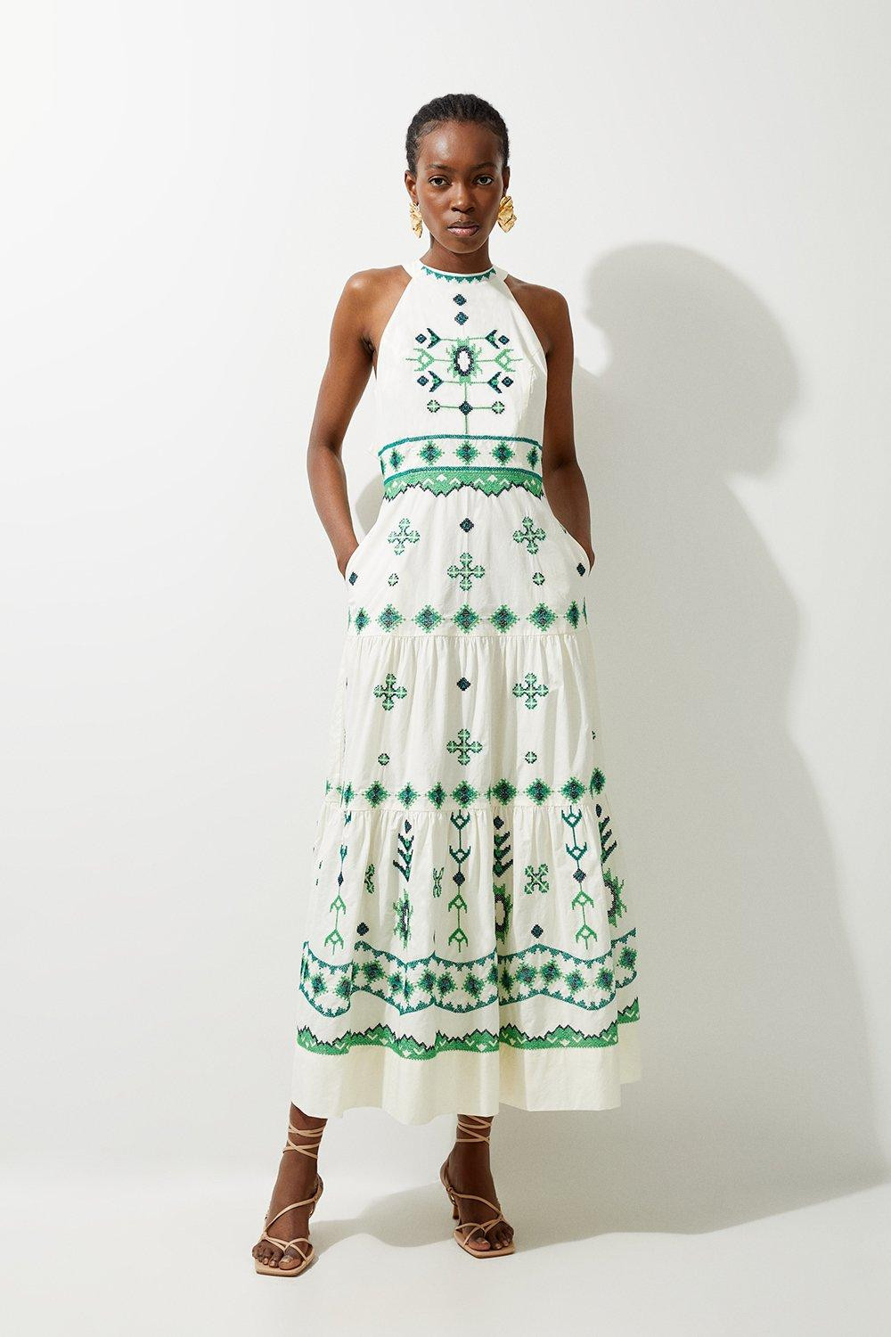 Cotton Embroidered Woven Halter Maxi Dress | Karen Millen UK + IE + DE + NL