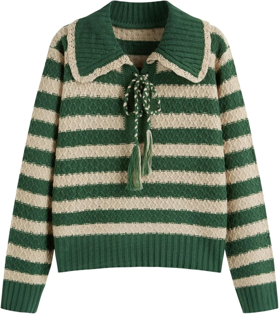 CIDER Striped Sweaters for Women Collar Knit Long Sleeve Knotted Loose Fit Pullover Winter Sweate... | Amazon (US)