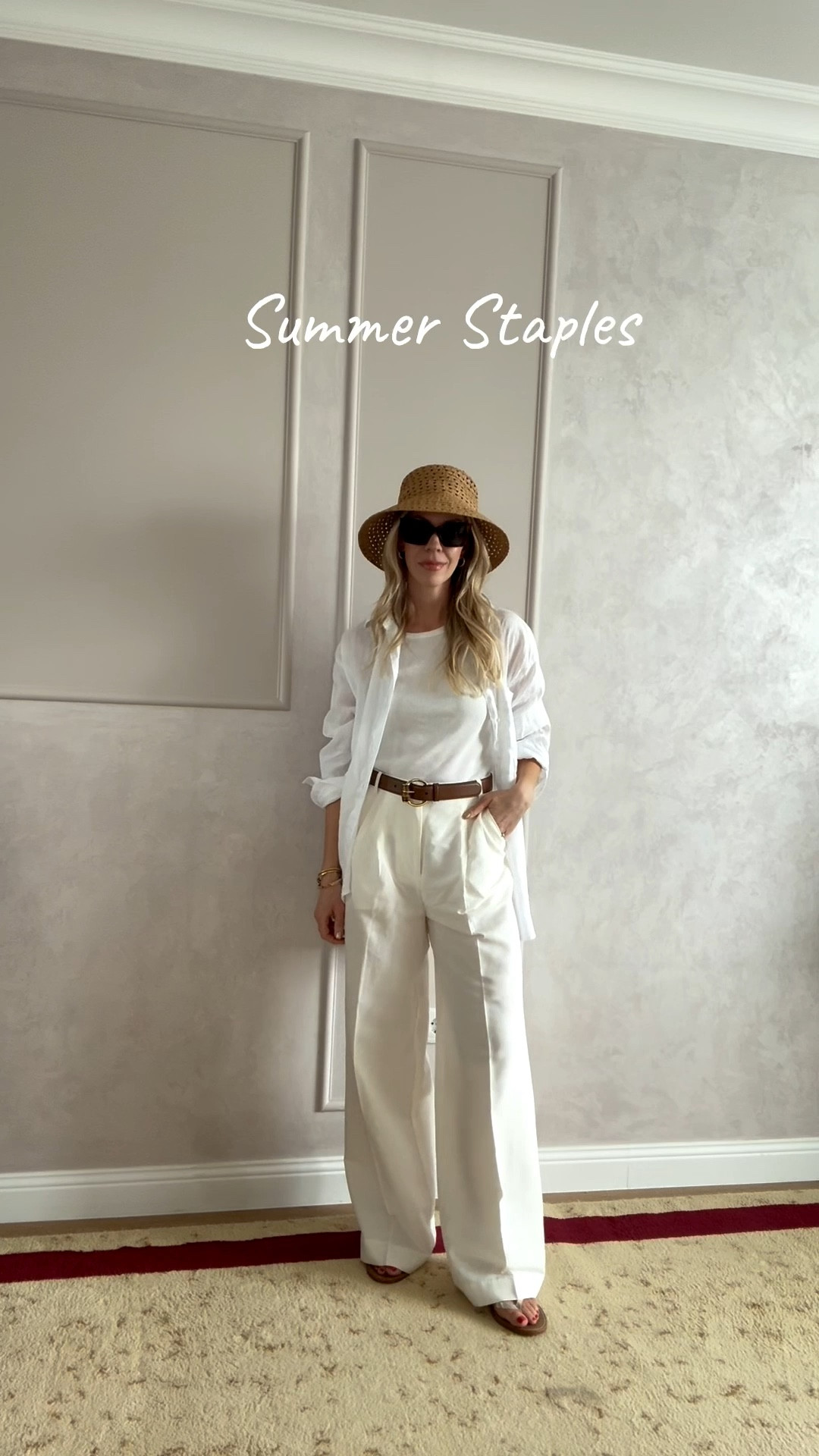 Beach vacation outfit, summer outfit, white linen pants, straw bucket hat, travel outfit 

#LTKOver40 #LTKSeasonal #LTKTravel