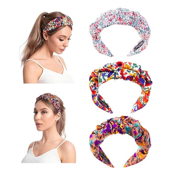 Floral Knot Wide Headband, Turban Hair Band with Flower Print, Fashion Hair Hoop 3 PCS for Girls ... | Amazon (US)