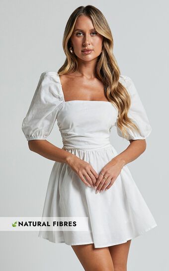 Claudina Mini Dress - Linen Look Puff Sleeve Ruched Bodice Dress in White | Showpo (US, UK & Europe)