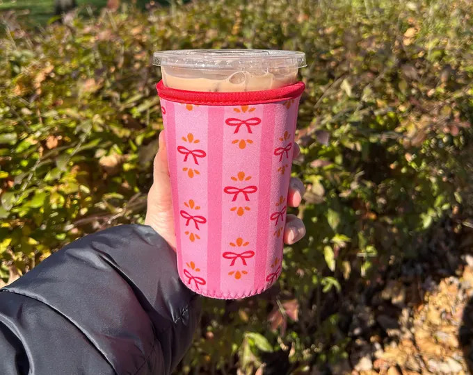 Bows and Stripes Pink Iced Coffee Drink Sleeve || Coffee Sleeve || Iced Coffee || Drink Holder - ... | Etsy (US)