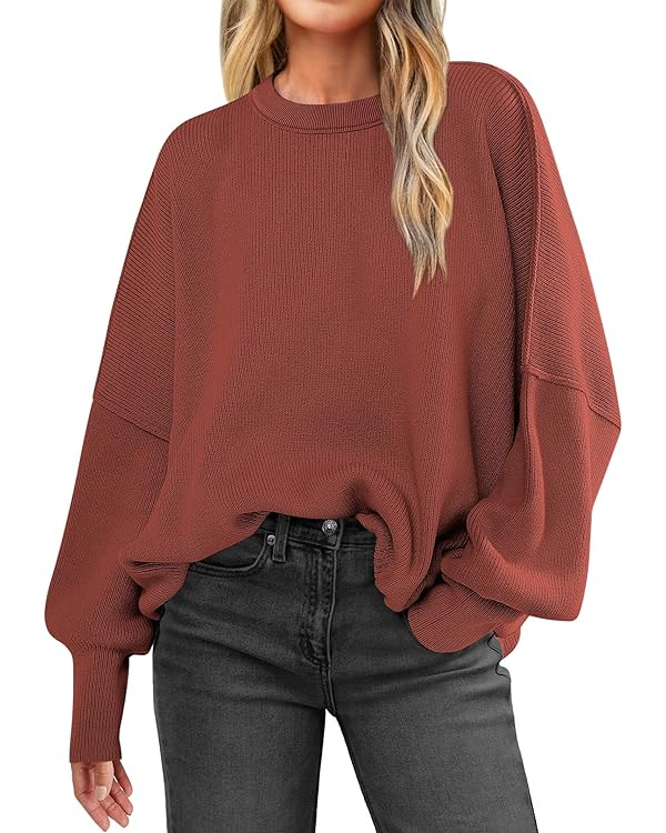 ANRABESS Women Oversized Sweaters Batwing Long Sleeve 2025 Fall Outfits Crewneck Casual Knit Side... | Amazon (US)