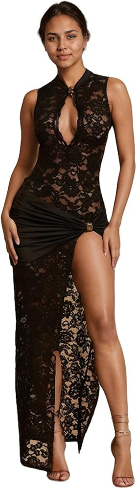 OCUH Black Lace Dress Sheer Maxi Dresses Sexy Outfit for Women Going Out High Slit Skirt Bodycon ... | Amazon (US)