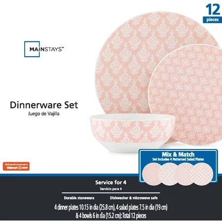 Mainstays Pearl Blush Print 12pc Dinnerware Set | Walmart (US)