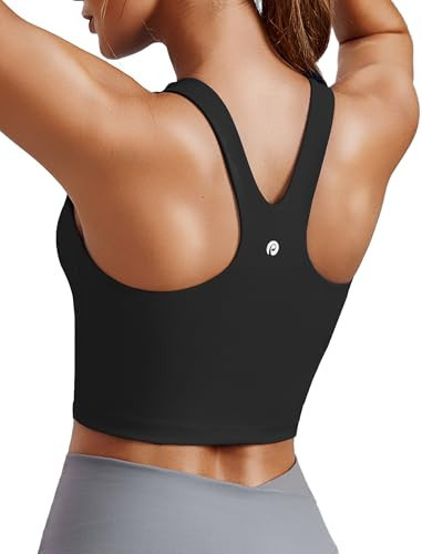 PINSPARK Women Sports Bras High Neck Workout Crop Tops Longline Racerback Tank Top with Built in Bras Activewear, Black Small | Amazon (US)