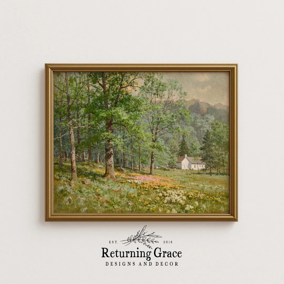 Farmhouse Landscape Print, Farmhouse Art, Spring Garden Art (digital Download), Farmhouse in the ... | Etsy (US)