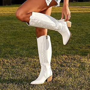 DREAM PAIRS Womens Cowboy Boots Wide Calf Comfortable Pull On Zipper Chunky Heel Pointed Toe Embr... | Amazon (US)