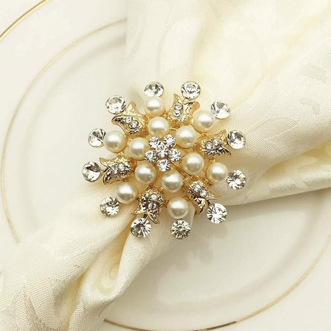 Joyindecor Napkin Rings Set of 6-Flower Pearl Rhinestone Napkin Ring Holder for Wedding Party Hom... | Amazon (US)