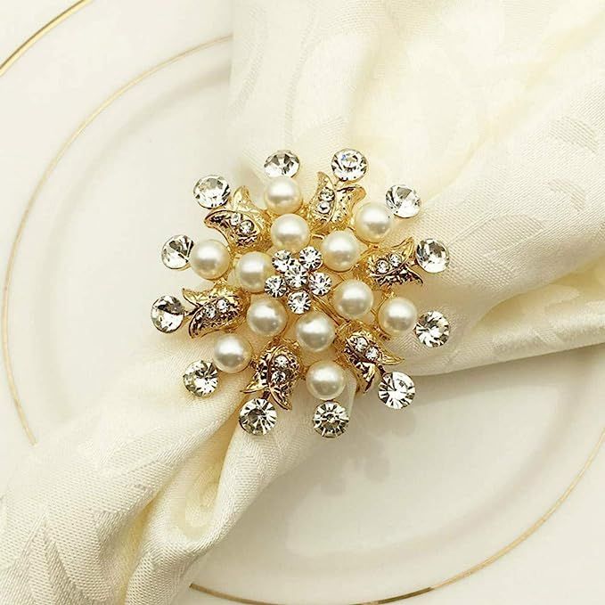 Joyindecor Napkin Rings Set of 6-Flower Pearl Rhinestone Napkin Ring Holder for Wedding Party Hom... | Amazon (US)