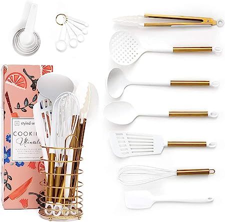 White and Gold Cooking Utensils with Holder - 18 PC Gold Kitchen Utensils Set Includes White Cook... | Amazon (US)