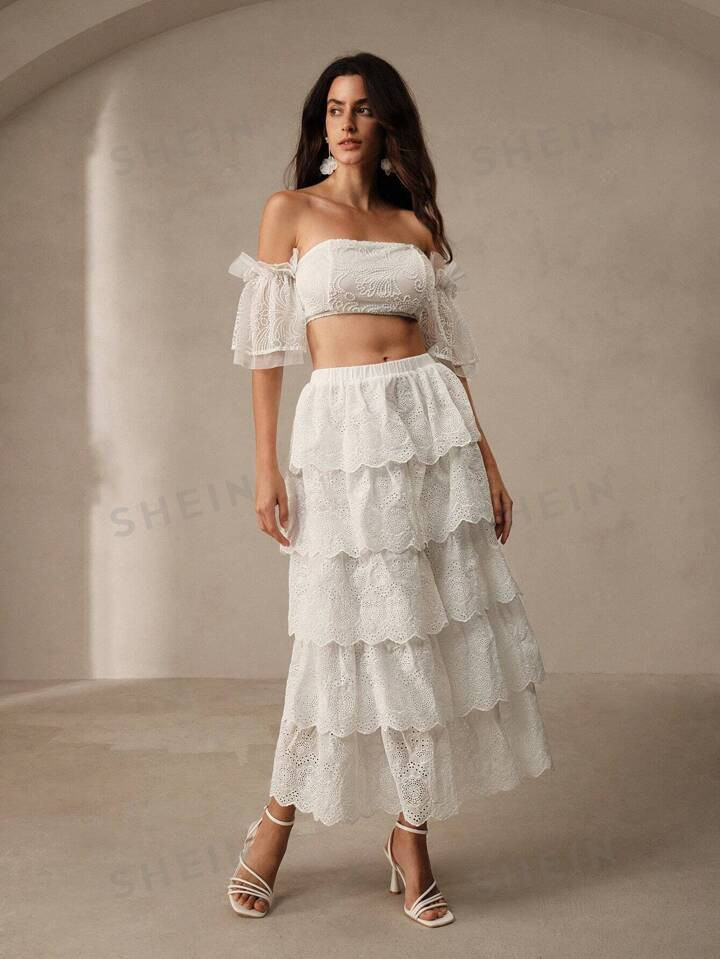 Anewsta Romantic Eyelet Embroidery A-Line Skirt, White, For Women | SHEIN USA | SHEIN