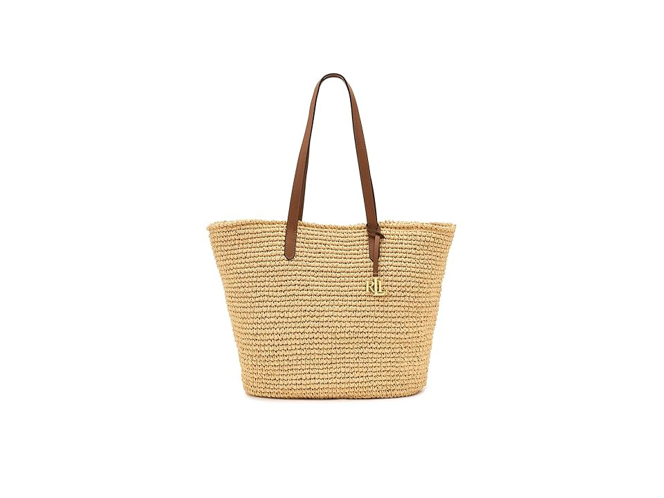 Lauren Ralph Lauren Crocheted Straw Large Lainey Tote Bag Tote Handbags Natural/Lauren Tan, Leather | Zappos