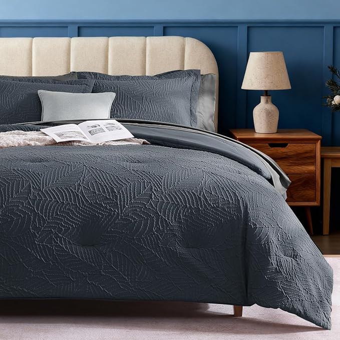 Geniospin Queen Comforter Set - 7 Pieces Blue Gray Textured Queen Bedding Sets with Comforter, Sh... | Amazon (US)