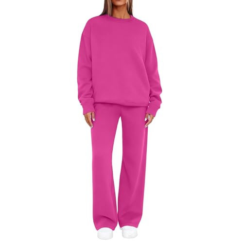Hot Pink Winter Outfits For Women,Sweatsuits Women 2 Piece Outfit Track Suits Solid Color Pullover Hoodie Match Wide Leg Sweatpants Fall Winter Clothes Hot Pink Medium | Amazon (US)