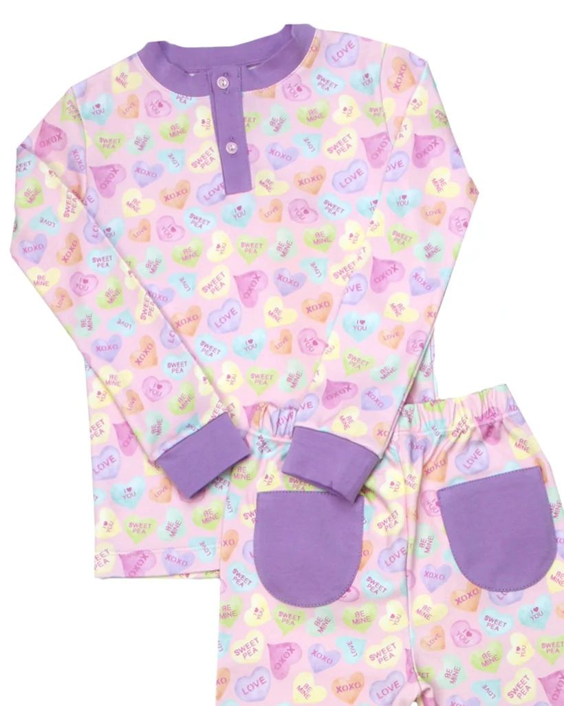 Candy Hearts Pima Pajama Set With Purple Trim | Smockingbird Kids