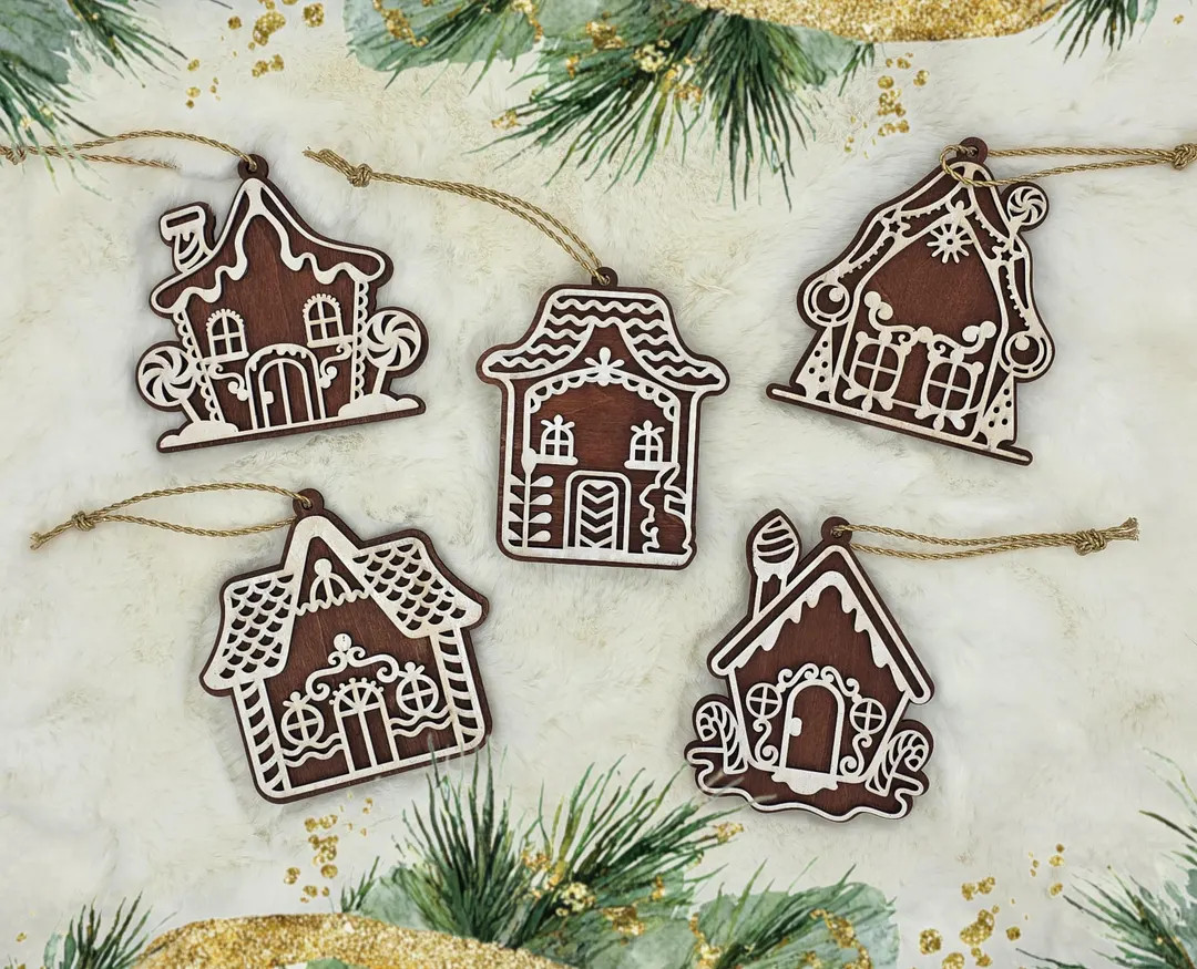 Handcrafted Wooden Christmas Ornaments, Personalized Layered Gingerbread Houses, Set of 10 | Etsy (US)