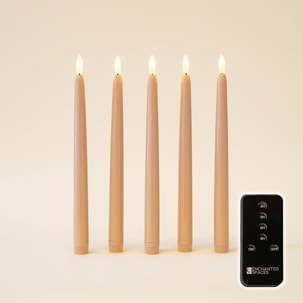 Set of 5 Daily Timer Beige10 inch Flameless Taper Candles with Gently Flickering LED, Realistic Black Wick, Daily Timer Remote Control. AA Batteries and Candle Holders Sold Separately | Amazon (US)