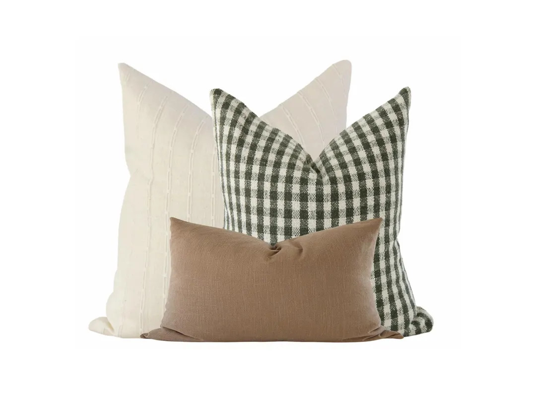 Pillow Combination Set, Gingham Pillows, Brown Linen Pillow Covers, Designer Pillow, Textured Pil... | Etsy (US)