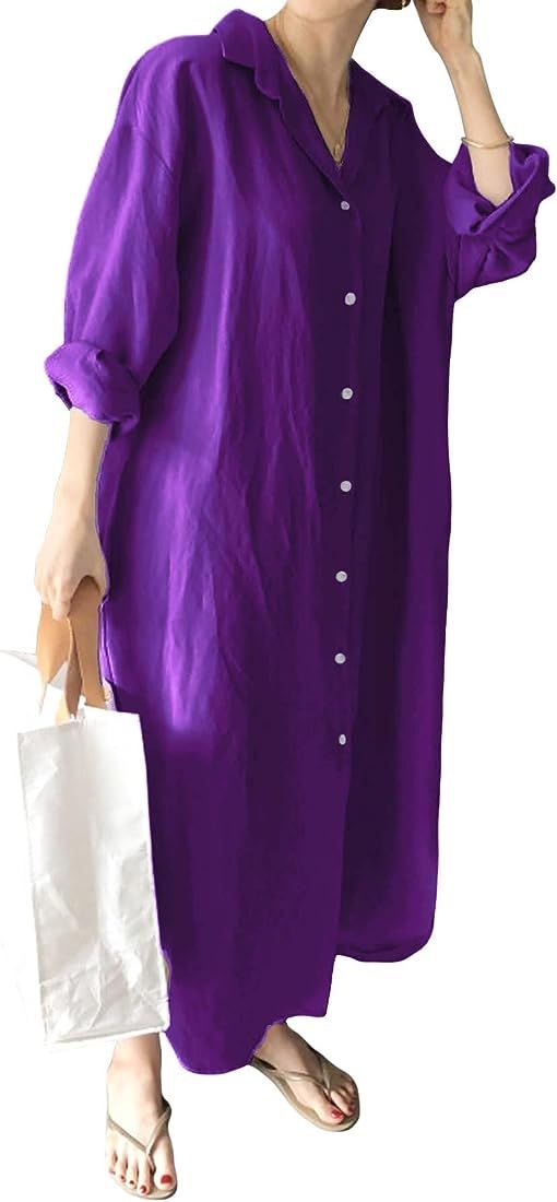 GGUHHU Womens Chic Button Down Rolled-Up Sleeve Long Cotton Blouse Maxi Dress | Amazon (US)
