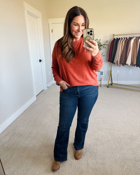 Fall outfit 

Orange tunic sweater tts, L // flare jeans size up wearing 14 short 

#LTKSeasonal #LTKmidsize #LTKunder50